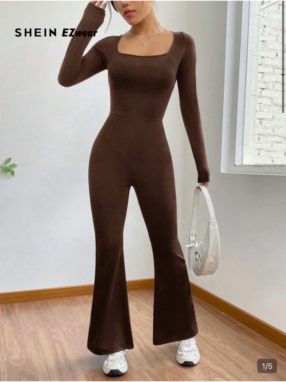 SHEIN Brown Square-Neck Flared Jumpsuit